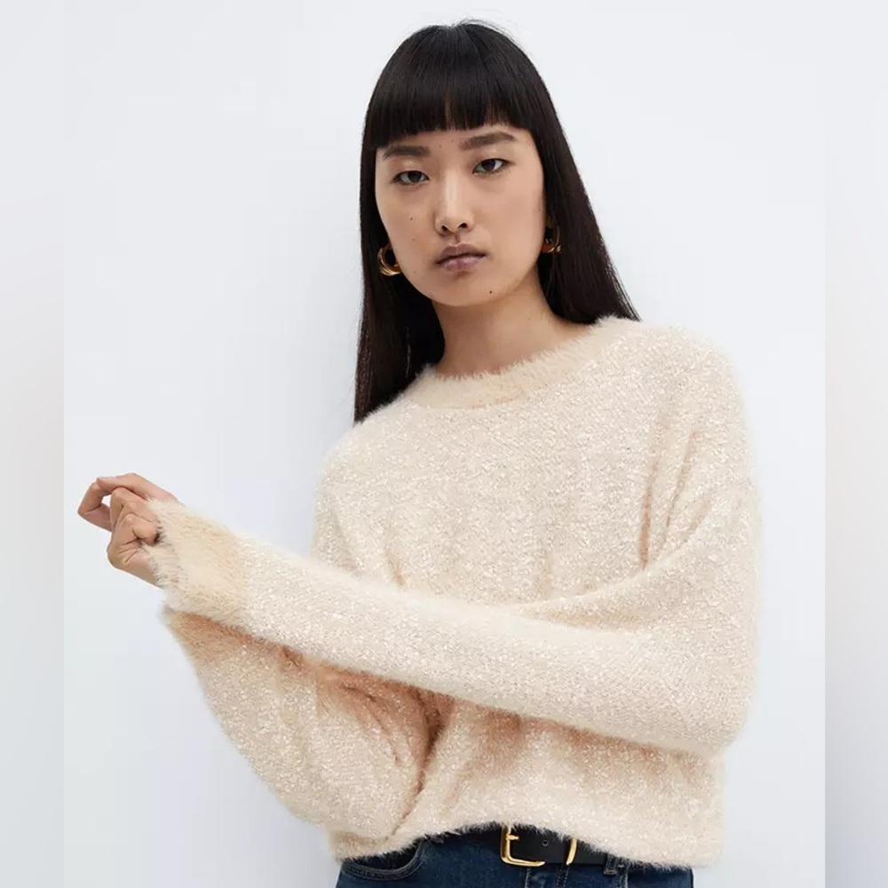 MANGO Women's Faux Fur Trimmed Sweater Sz Small